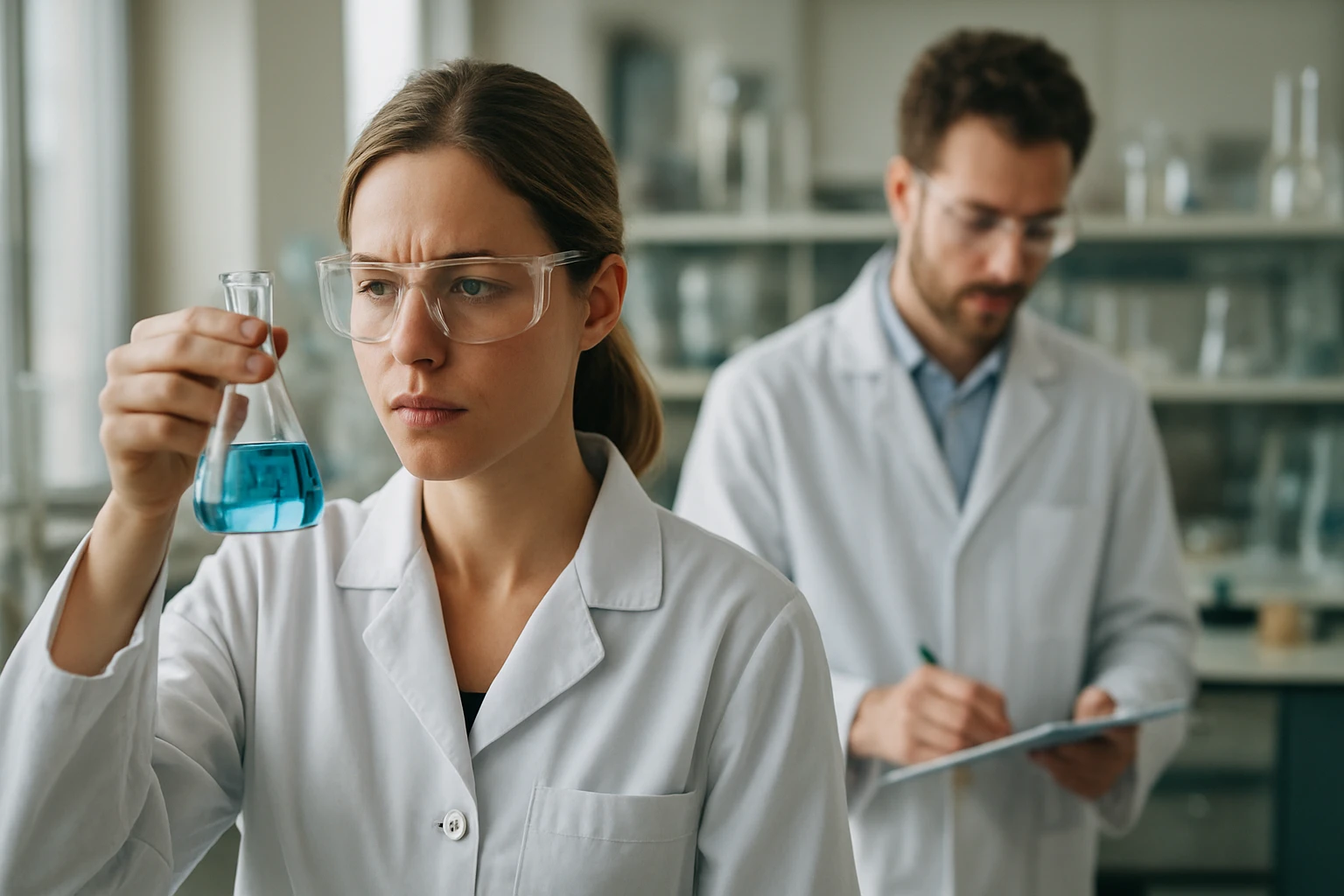 Kémikus elemzi a Schweizer-reagenst laboratóriumban.