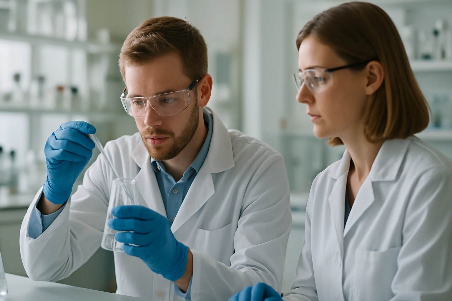 Két kutató kémiai kísérletet végez laboratóriumban.