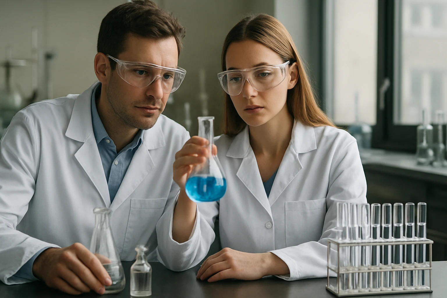 Két kutató laboratóriumban sellak vizsgálatát végzi.