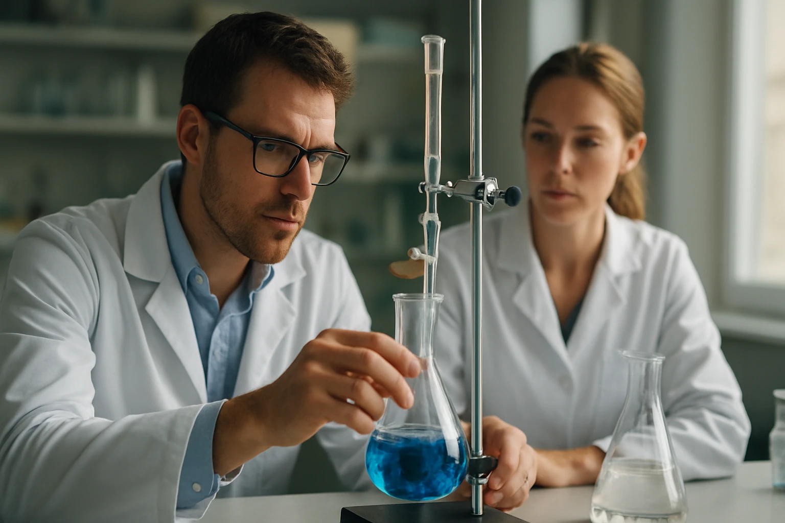 Két kémikus laboratóriumi kísérletet végez, kék folyadékkal.