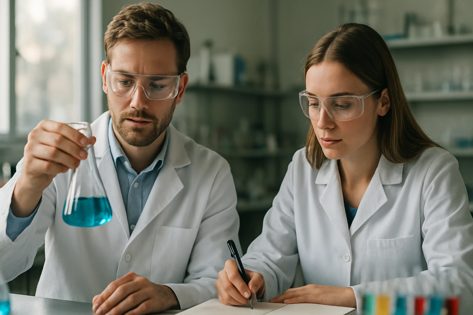 Két kutató laboratóriumban sikimisavval kapcsolatos kísérletet végez.