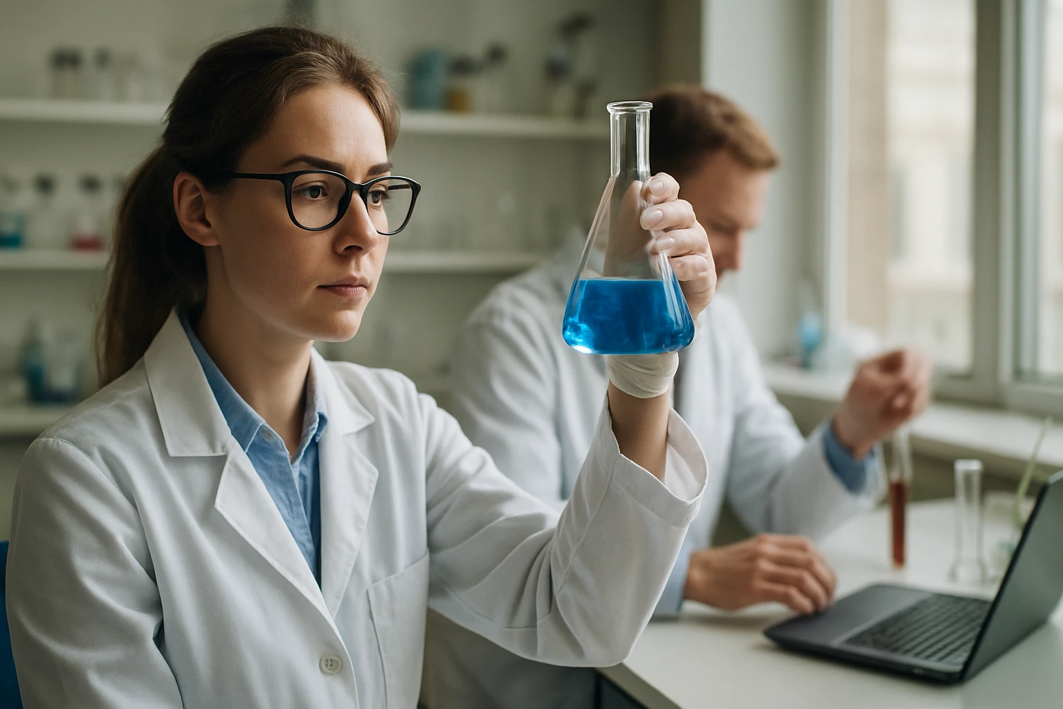 Laboratóriumi kutató figyeli a kémiai reakciót kék folyadékkal.