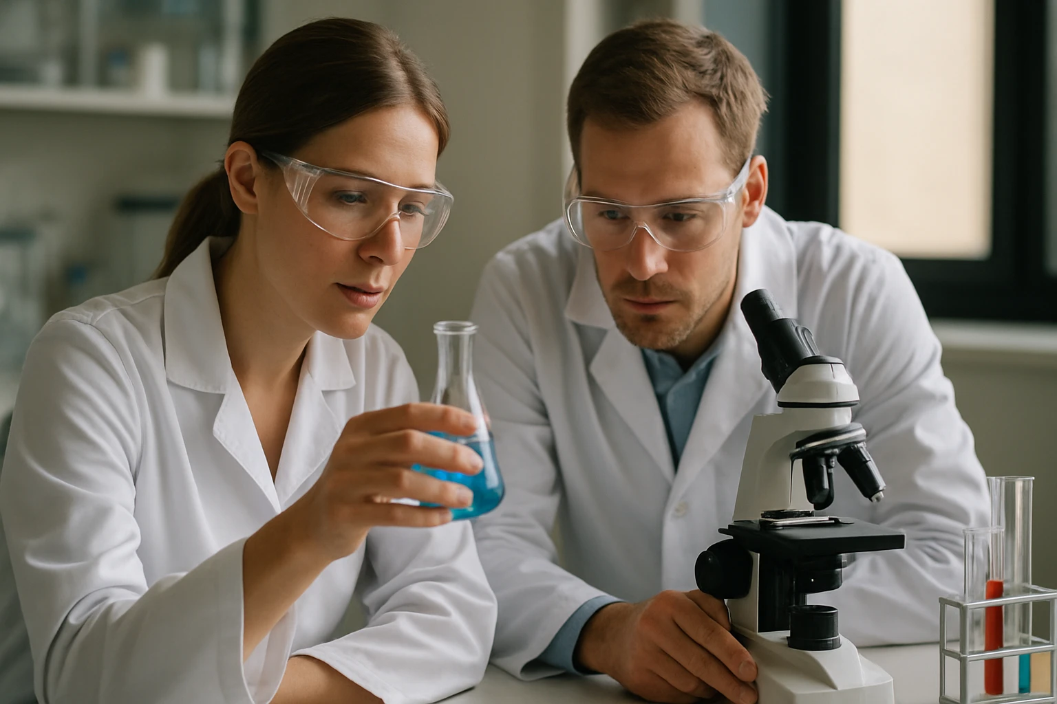 Két tudós laboratóriumban kémiai kísérletet végez egy kémcsővel.