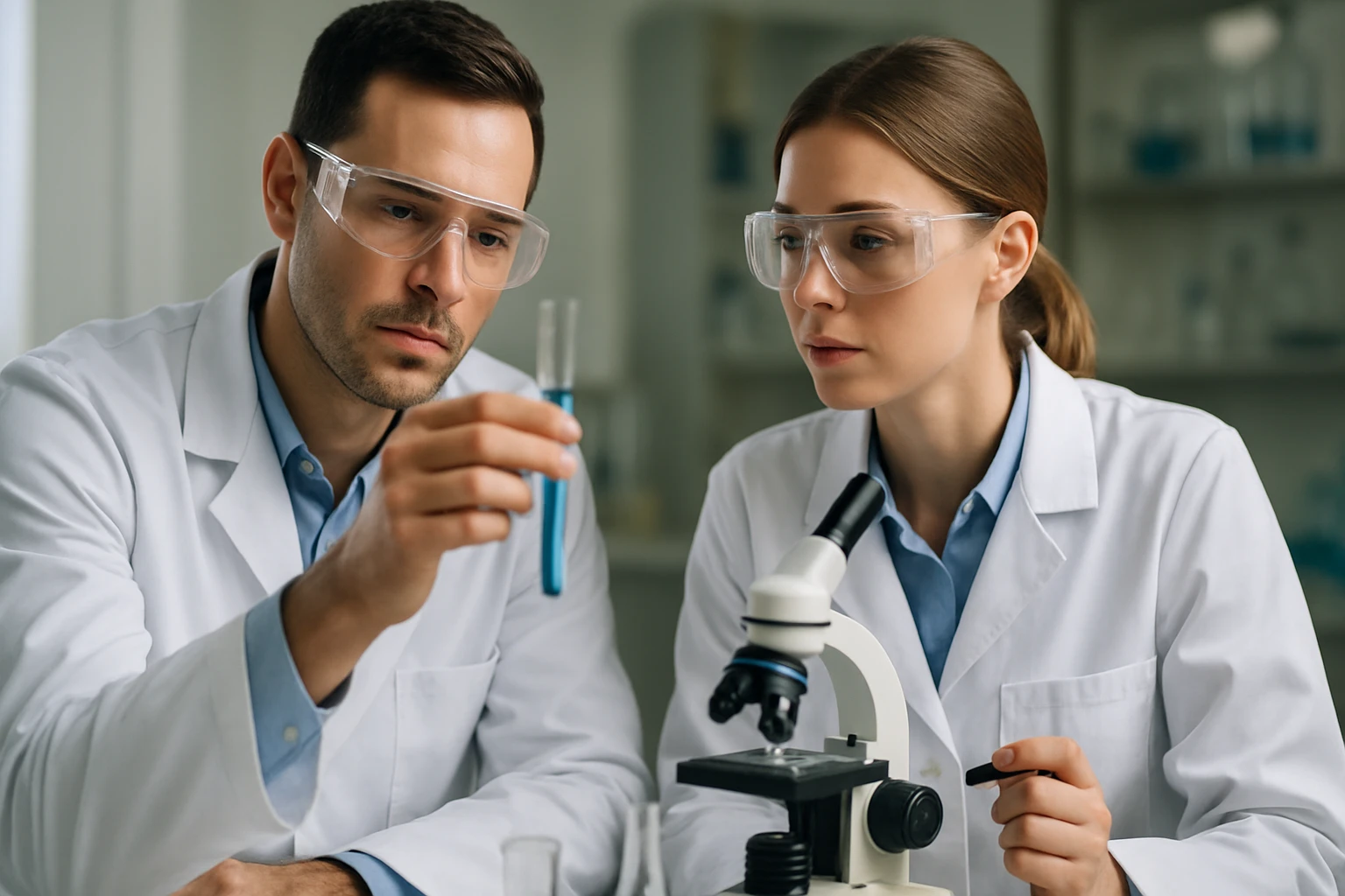 Két kutató a laboratóriumban makromolekulákról beszélget