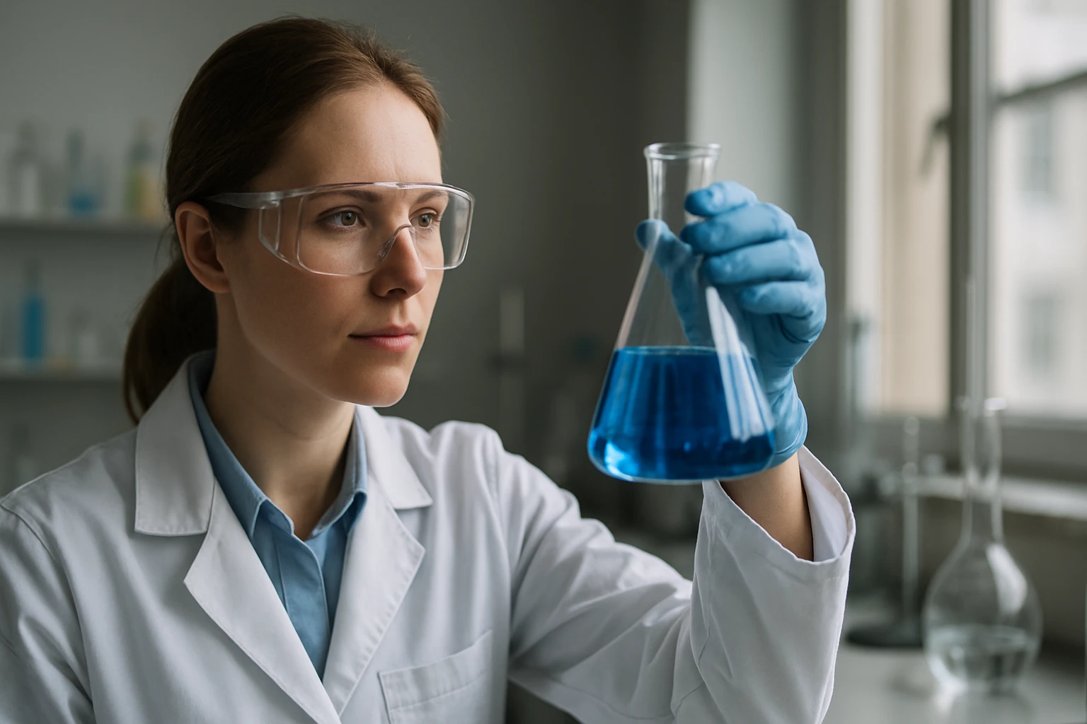 Laboratóriumi férfi inspekció kémcsőben kék folyadékkal.