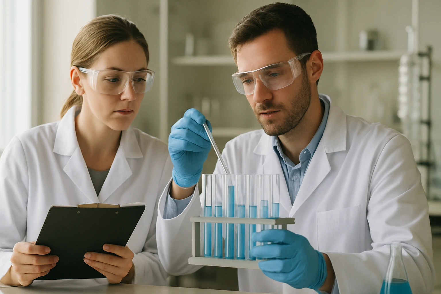 Két kutató munkája a laboratóriumban szacharóz-acetát-izobutirát vizsgálatán.