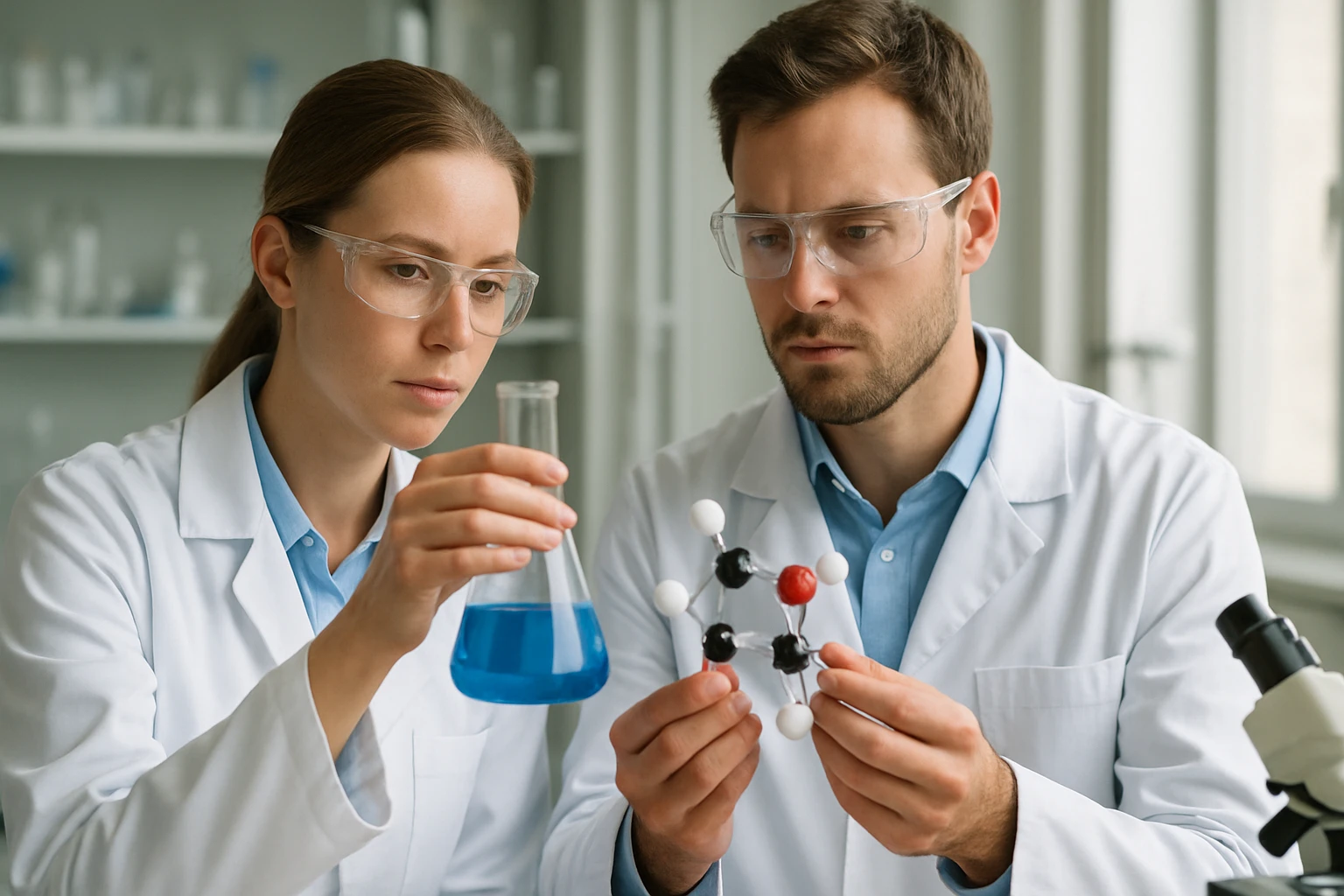 Kutatók a laboratóriumban szalmiáksót vizsgálnak kémiai elemzés céljából.