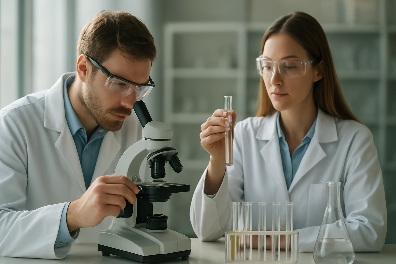 Két kutató laboratóriumban szamáriummal kapcsolatos kémiai elemzést végez.