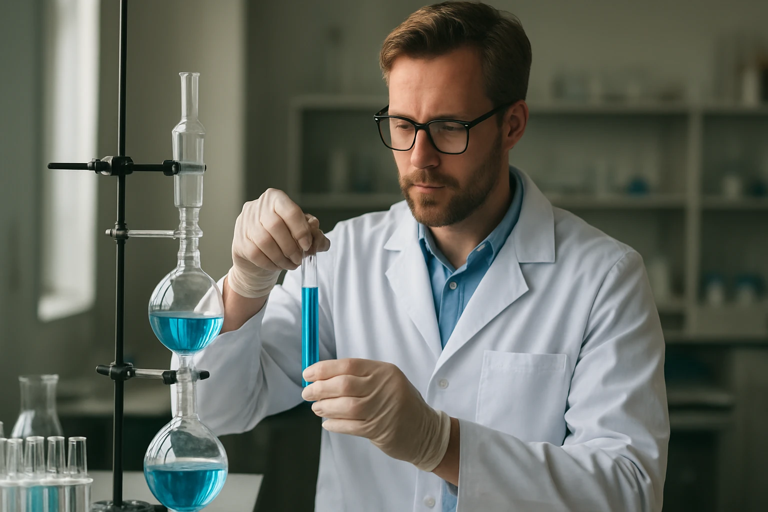 Kémikus a laboratóriumban kék oldatot vizsgál