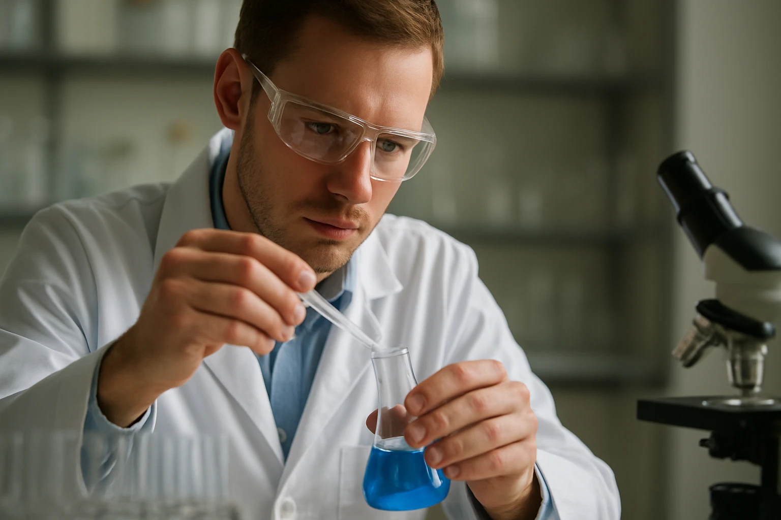 Férfi kémikus kék folyadékkal végzi a kutatást laboratóriumban.
