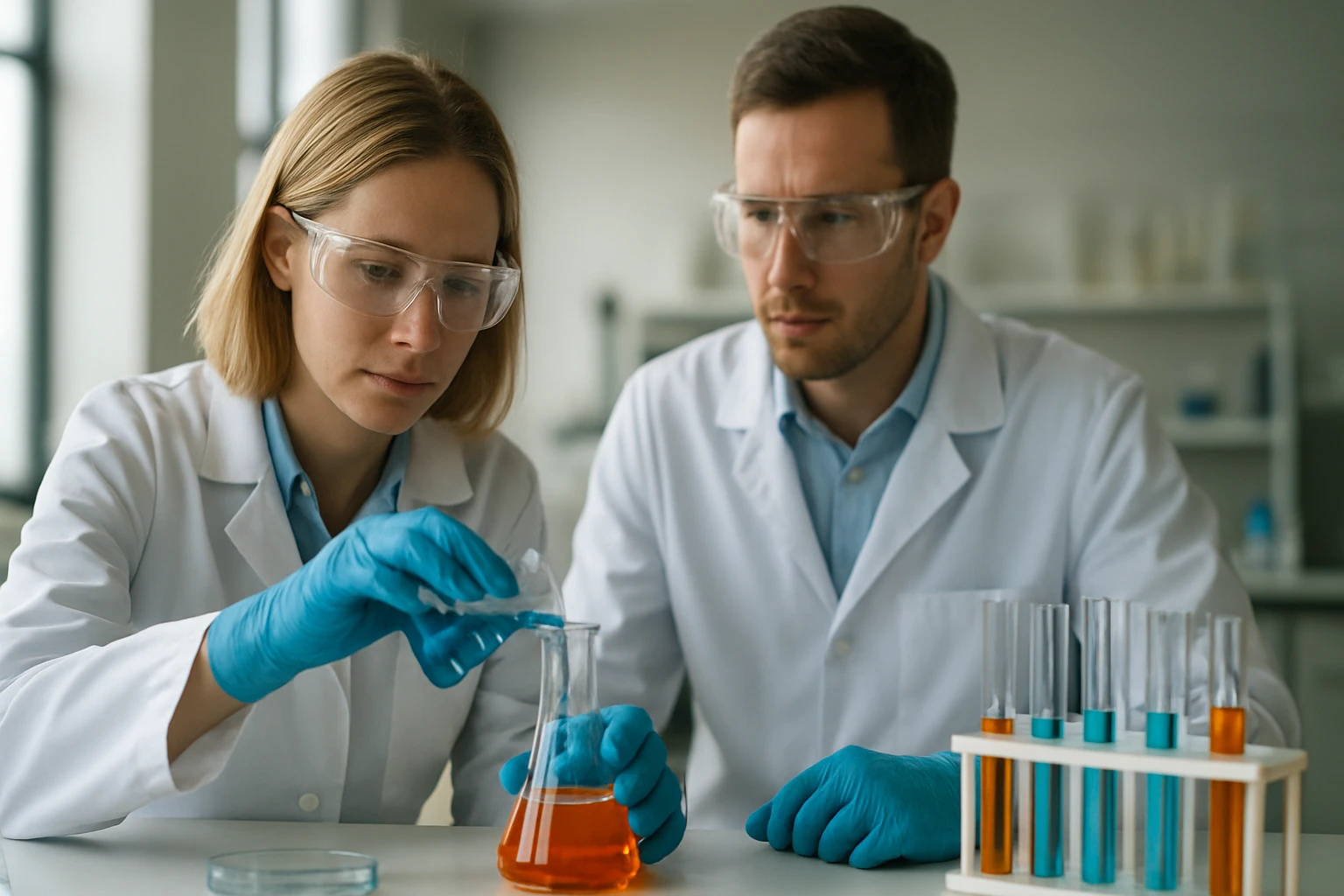 Kutatók kémiai vizsgálatokat végeznek laboratóriumban