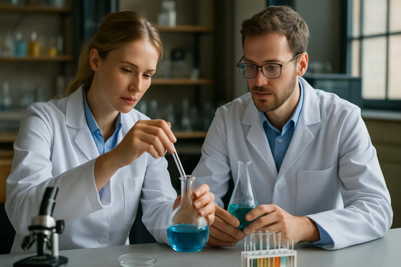 Két kutató laboratóriumban kémiai reakciót végez.