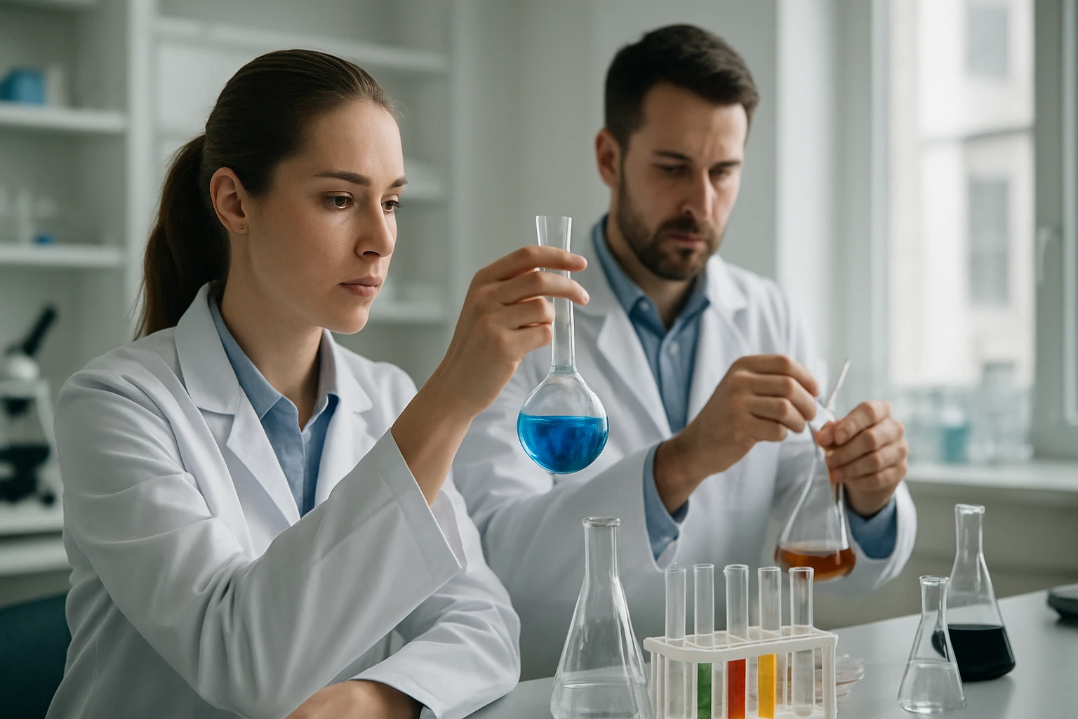 Kémikusok mól százalékot számítanak laboratóriumban