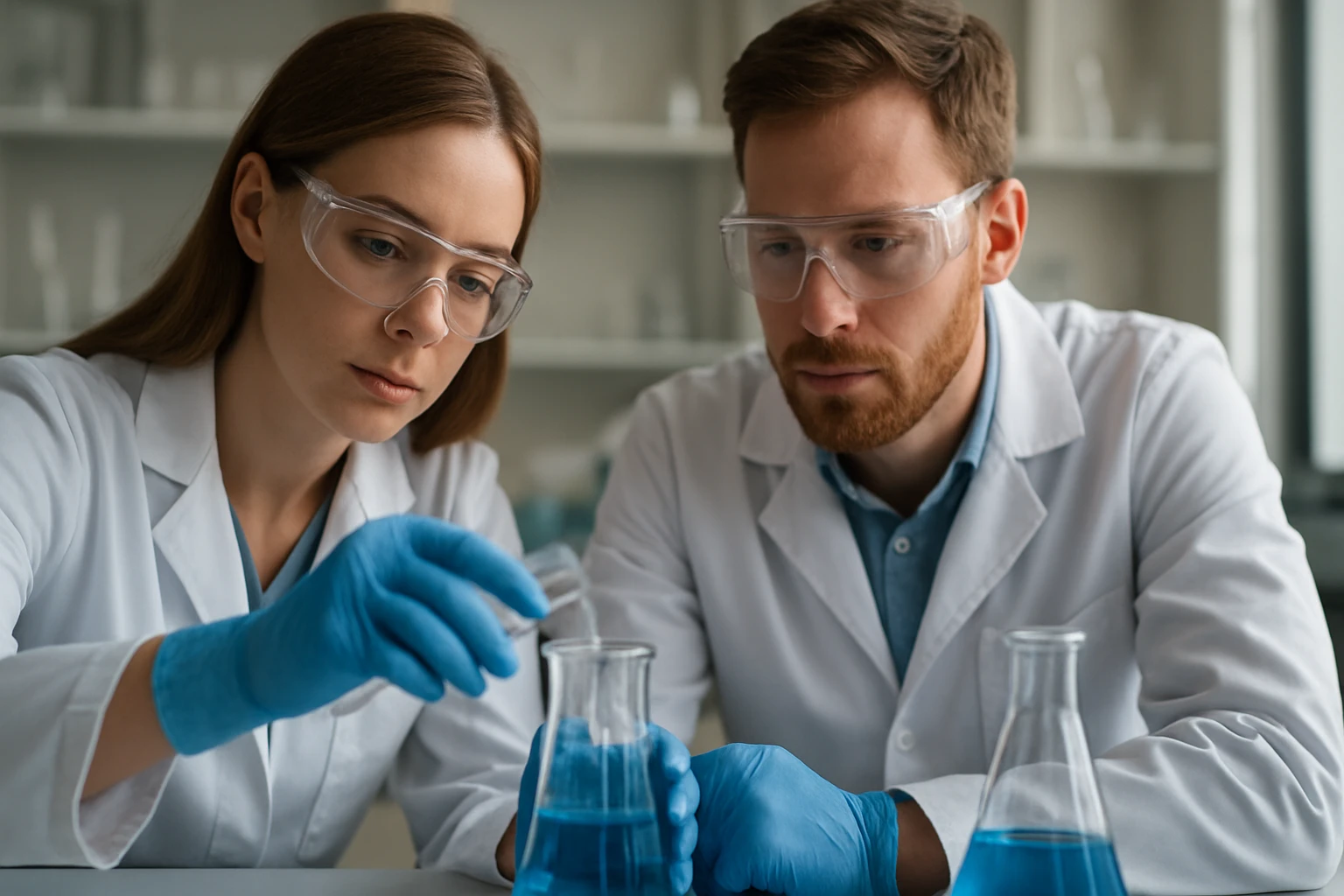 Két kutató laboratóriumi munkát végez szekunder aminokkal