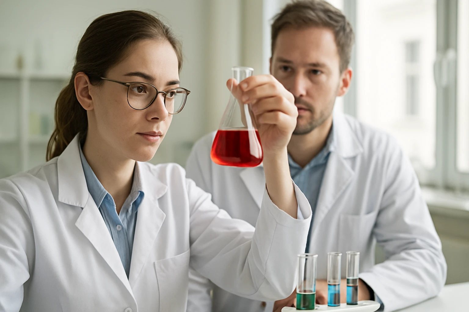 Két kutató kémiai kísérletet végez egy laboratóriumban.