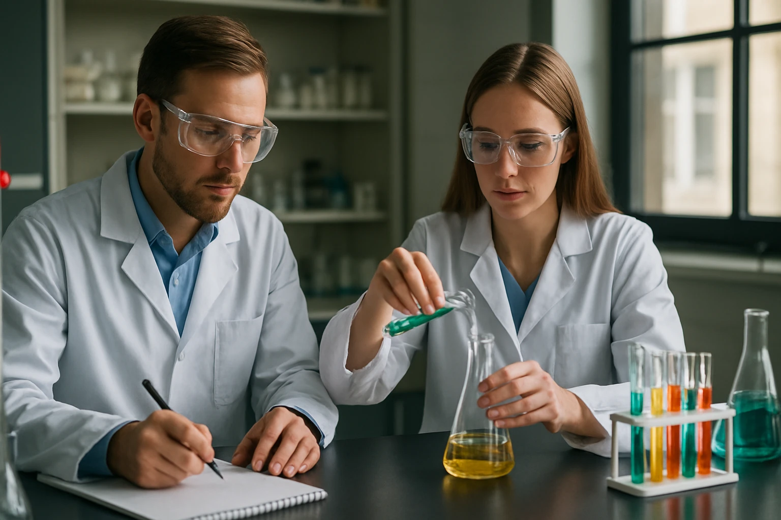 Két kutató kémiai kísérletet végez egy laboratóriumban.