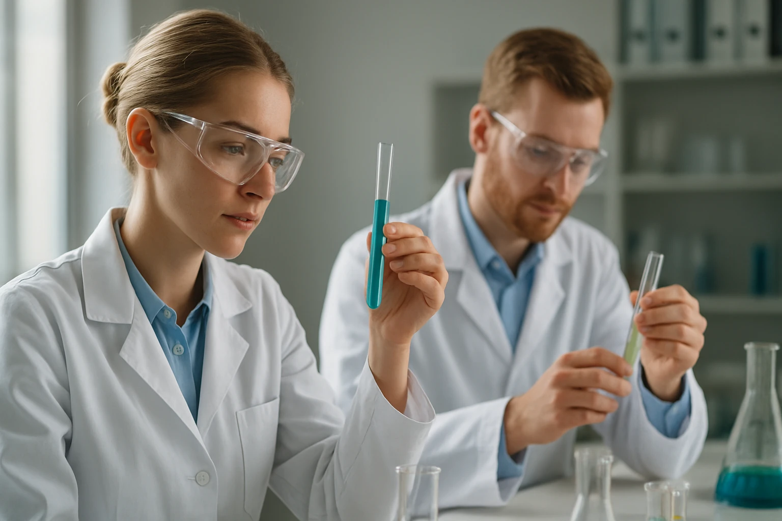 Két kutató laboratóriumban hidrogén kísérletekhez szükséges anyagokat vizsgál.