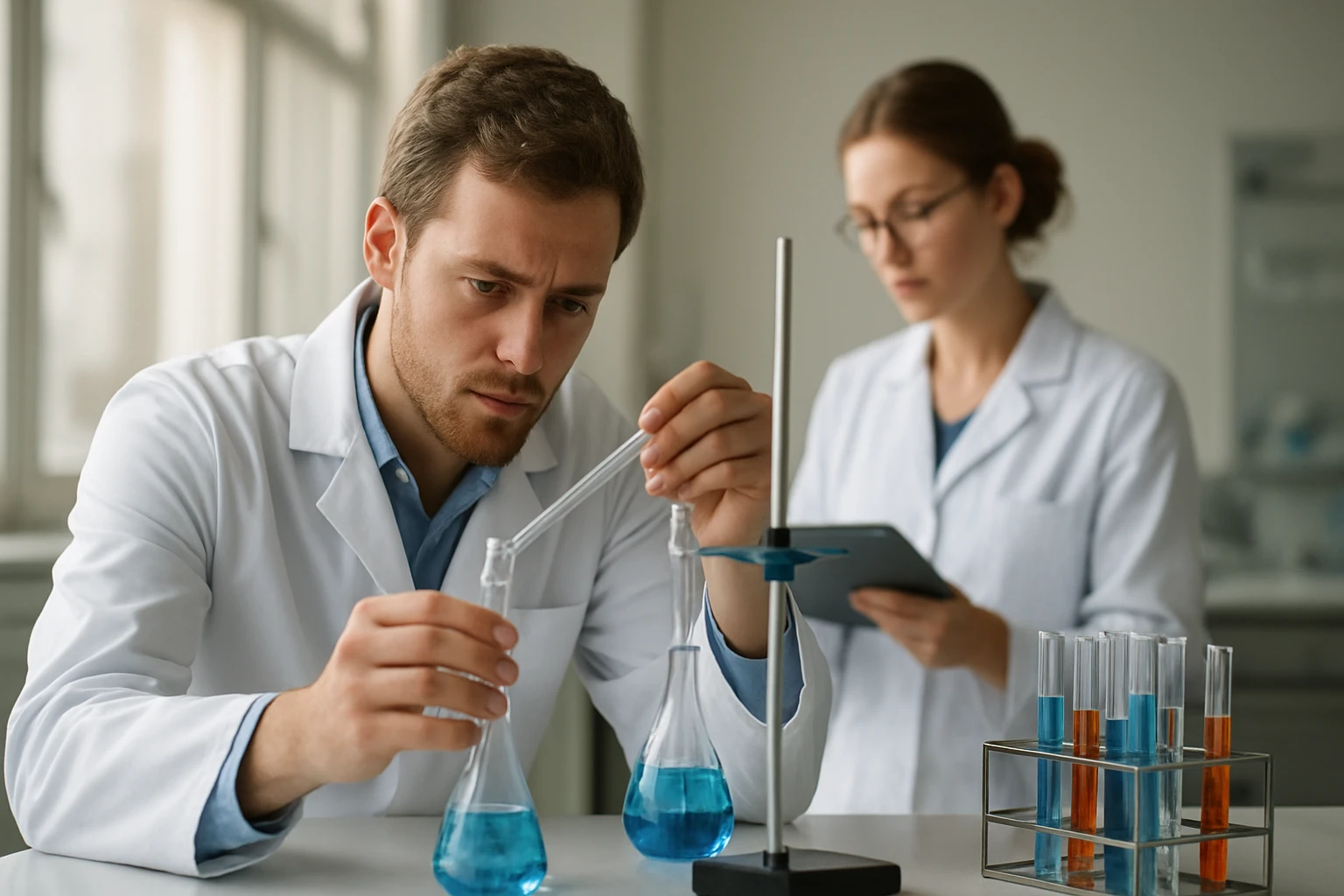 Kutatók szén-cink szárazelem kémiai reakcióján dolgoznak laboratóriumban.