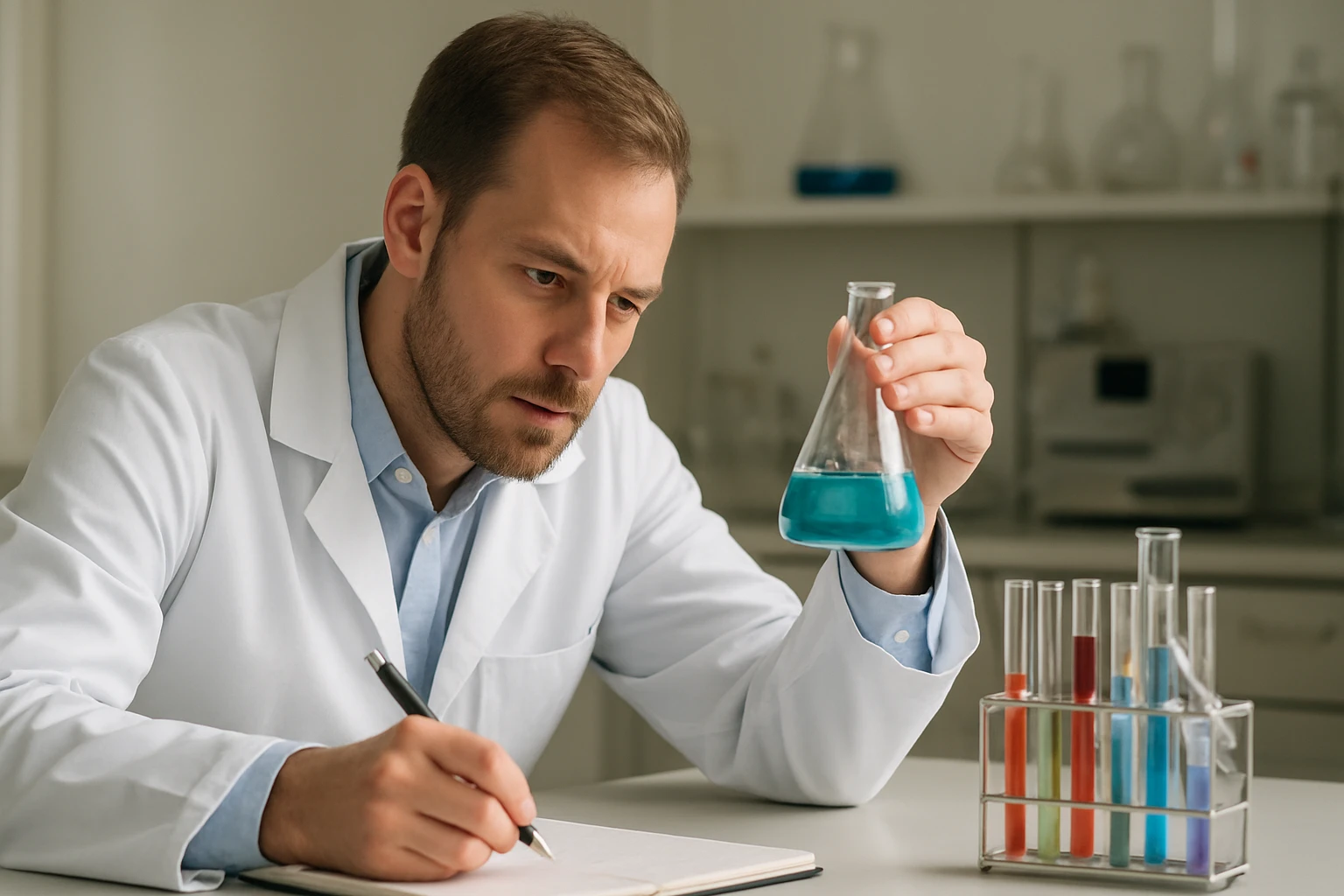 Kémikus szén-oxidokat és szulfidokat vizsgál egy laboratóriumban.