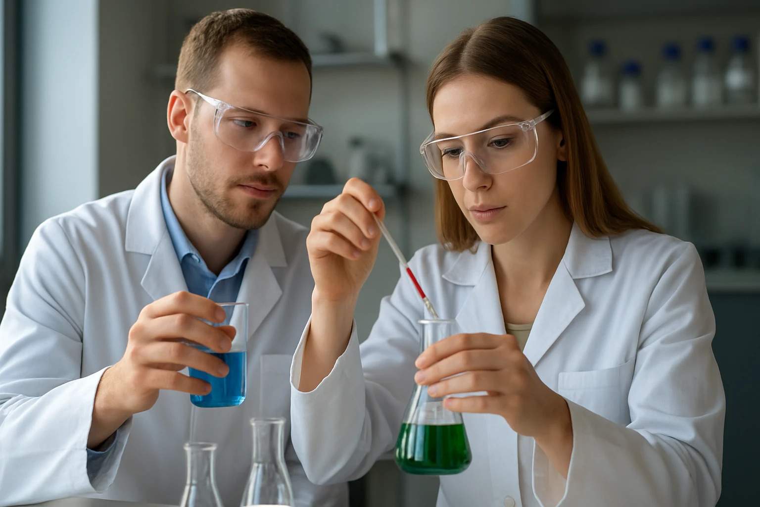 Két tudós szénsavas cink kísérletet végez laboratóriumban.