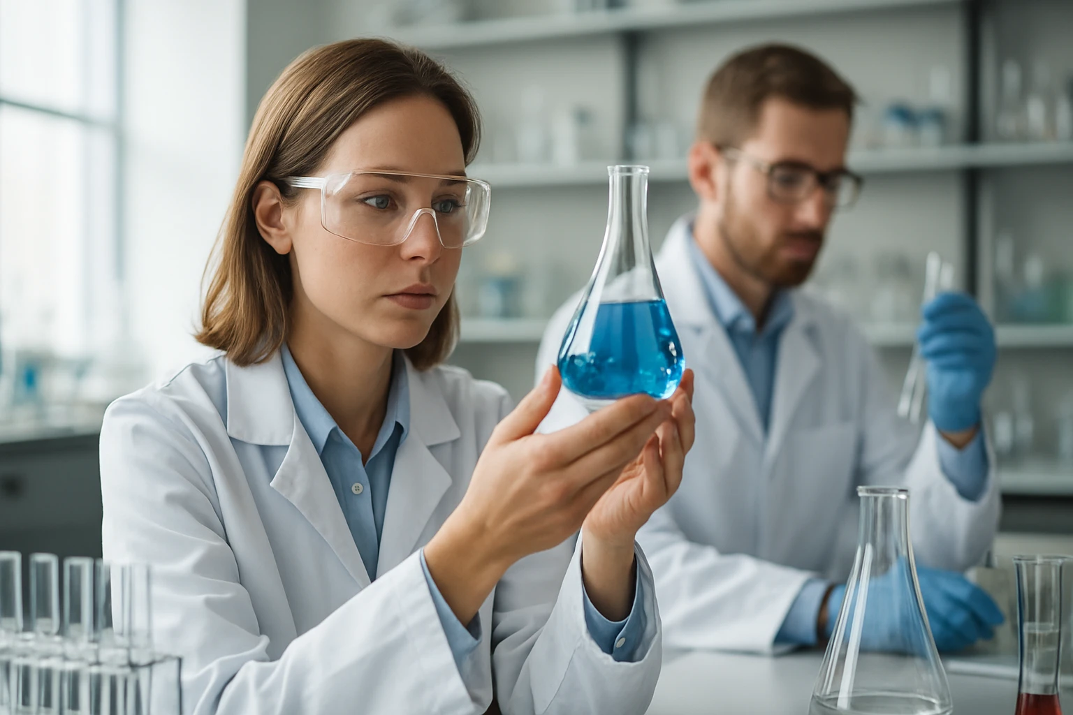 A laboratóriumban dolgozó kémikusok, kék folyadékkal teli flakonnal.