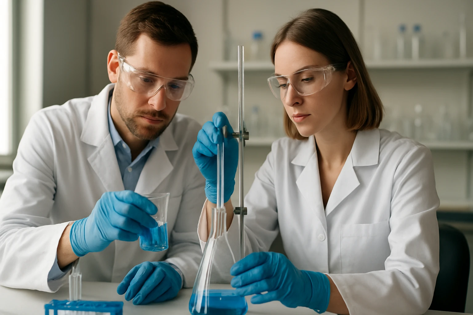 Két kutató szerves ónvegyületek vizsgálatát végzi laboratóriumban.