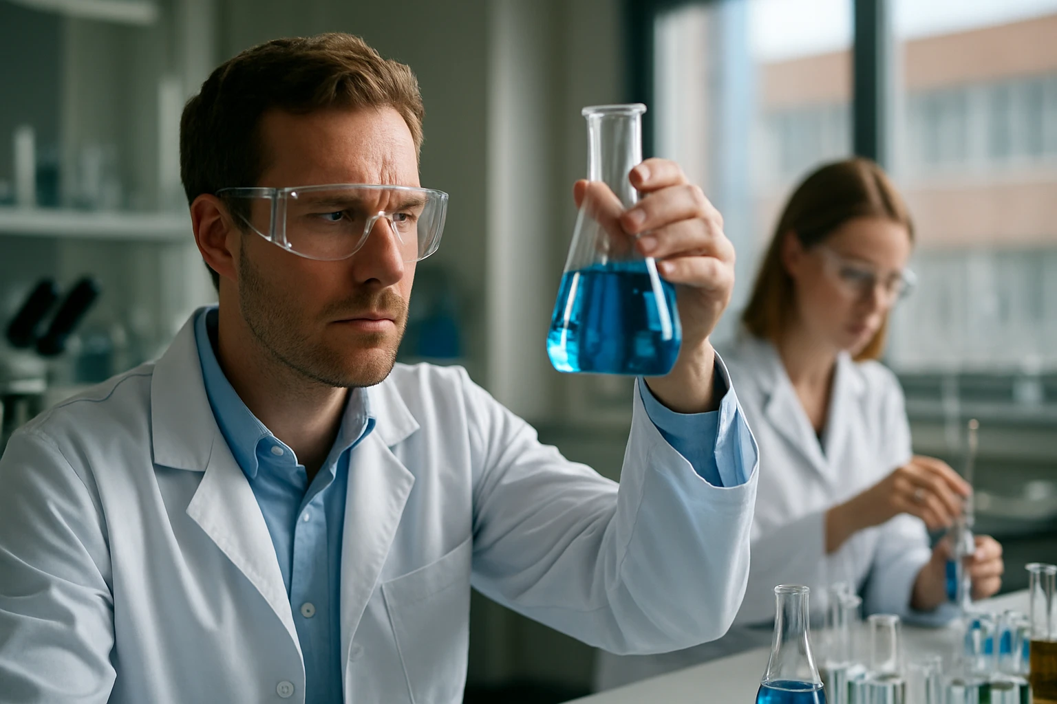 Laboratóriumi dolgozók etanolt vizsgálnak kémiai kísérlet során.