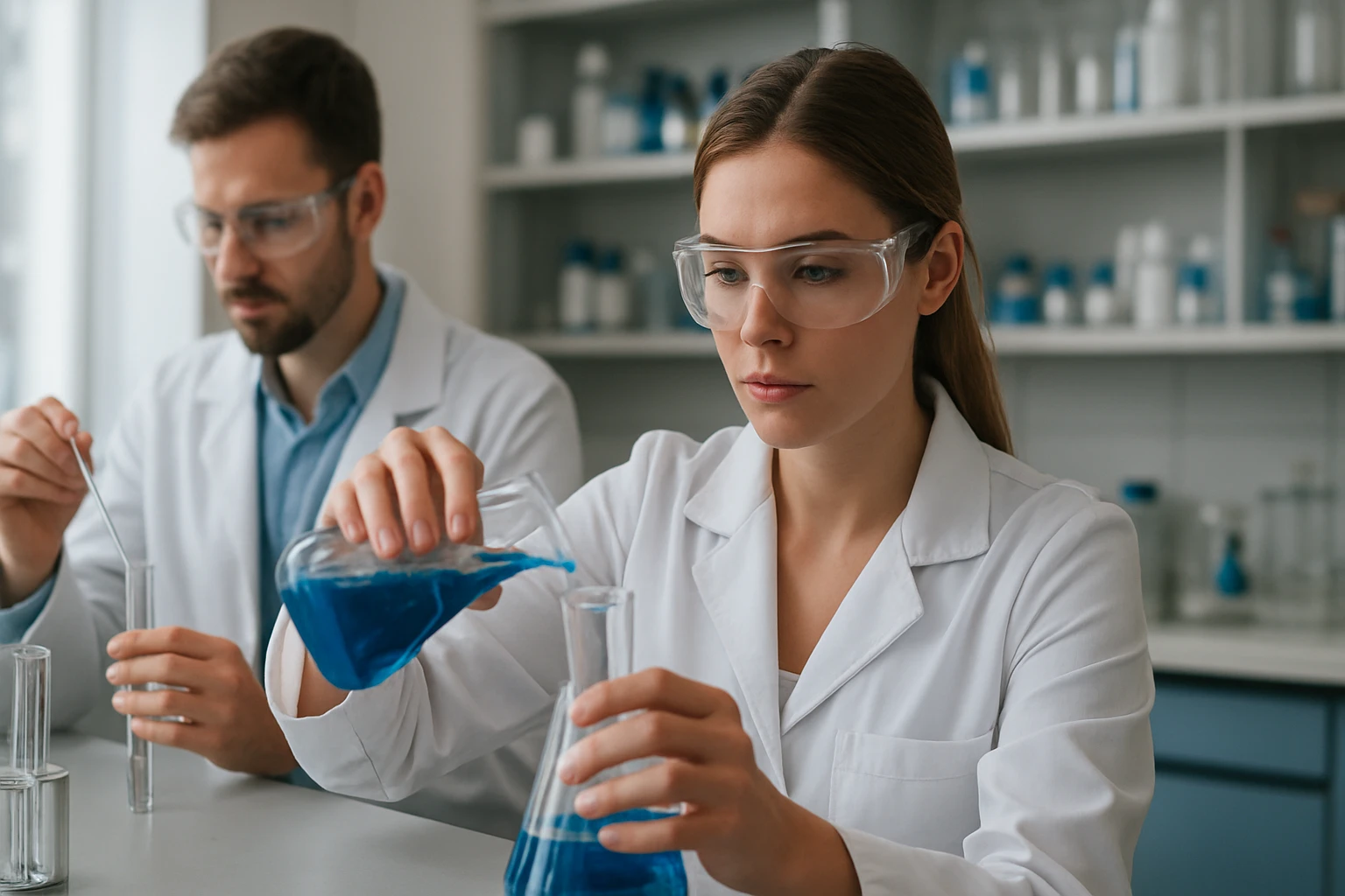 Két tudós laboratóriumban kísérletezik szeszkviterpenoidokkal.