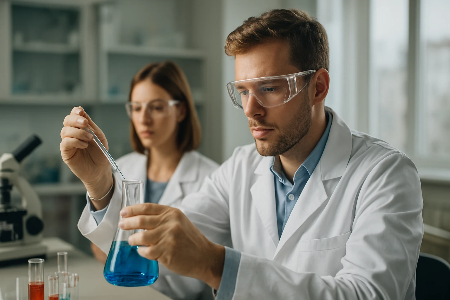 Két vegyész laboratóriumban, szilárd kenőanyagokkal dolgoznak.