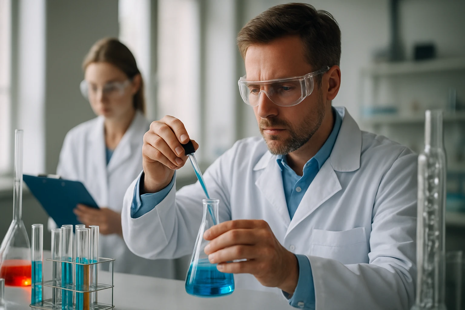 Két tudós laboratóriumban szilárd oldatokkal kísérletezik