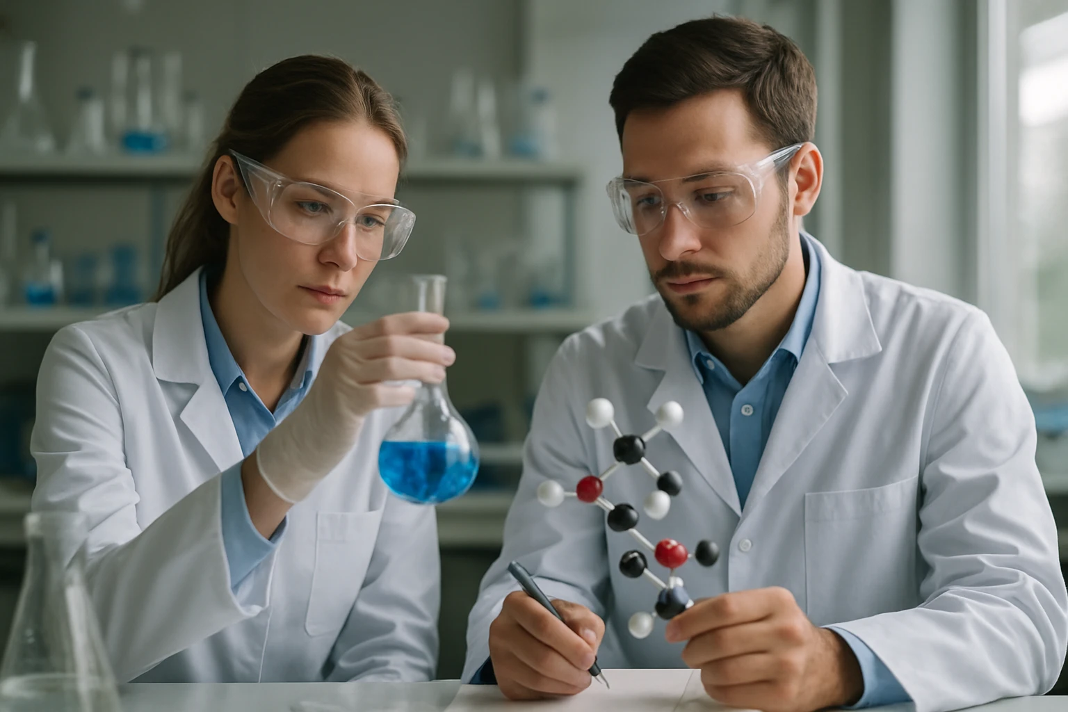 Két tudós kémiai kísérletet végez laboratóriumban.