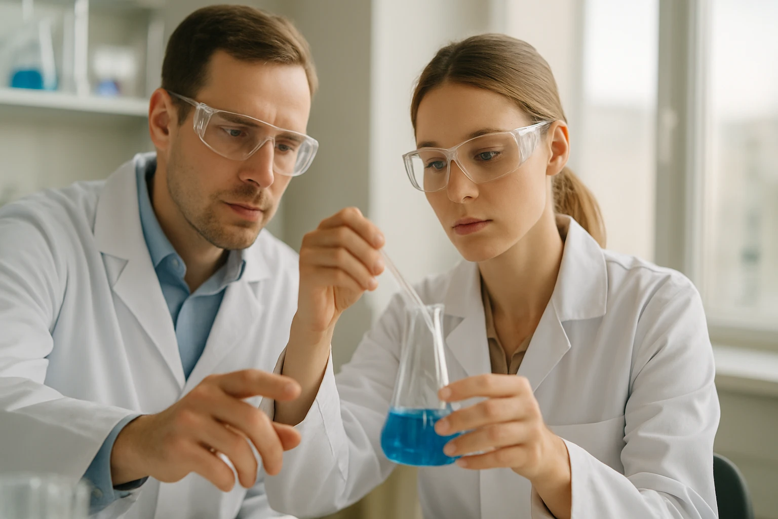 Két kutató a szimmetrikus trimetil-benzol kémiai elemzésén dolgozik.