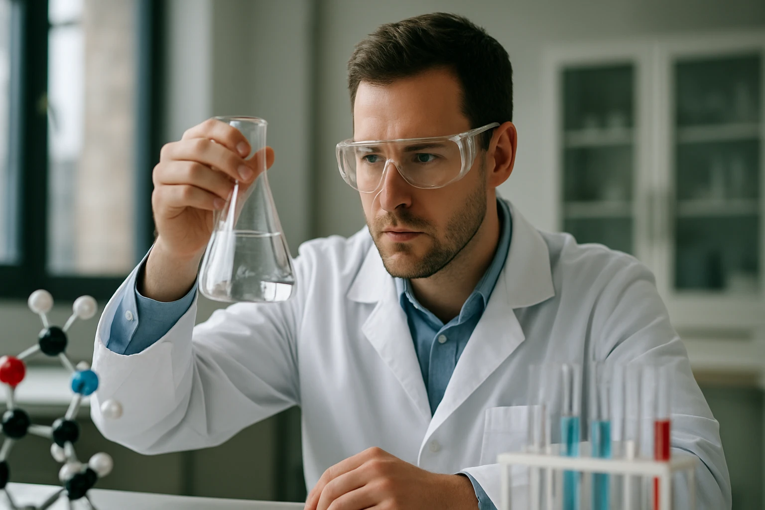 Kémikus laboratóriumban színezékekkel végzett kísérlet közben.