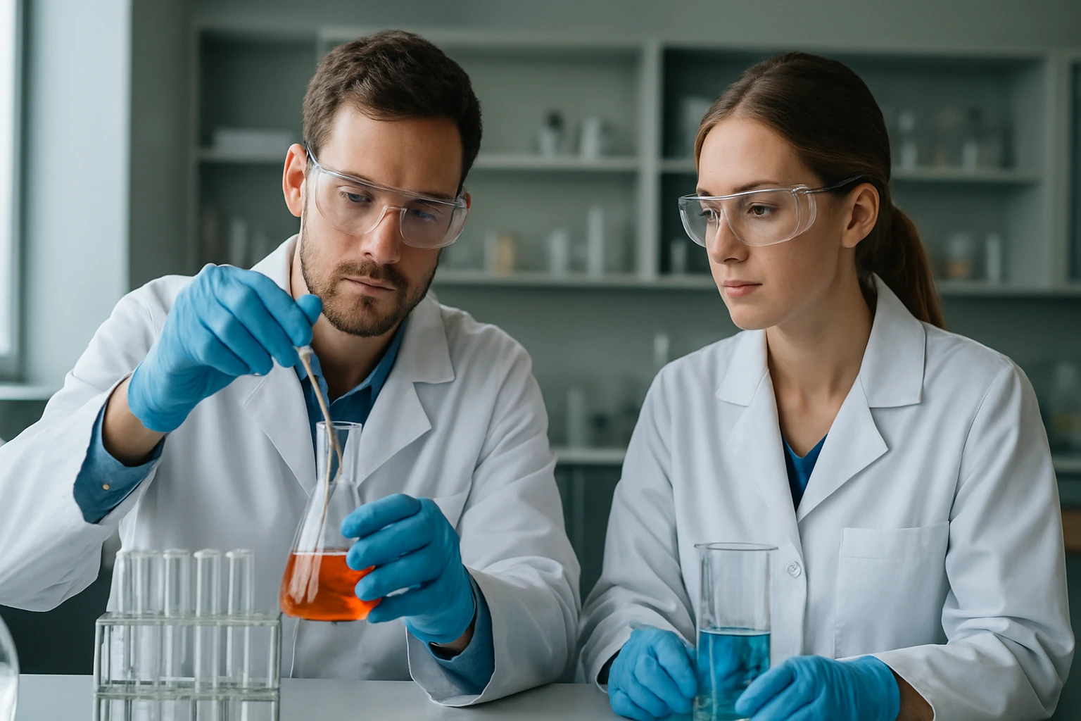 Két kutató laboratóriumban vegyületek kísérletezése közben