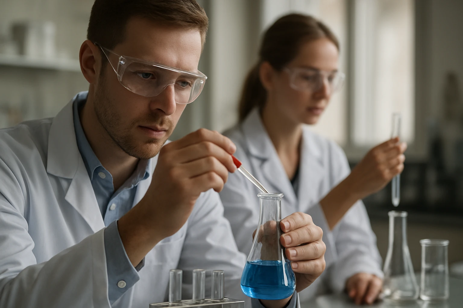 Kémiai kísérlet laboratóriumban szkandium fémekhez kapcsolódóan.