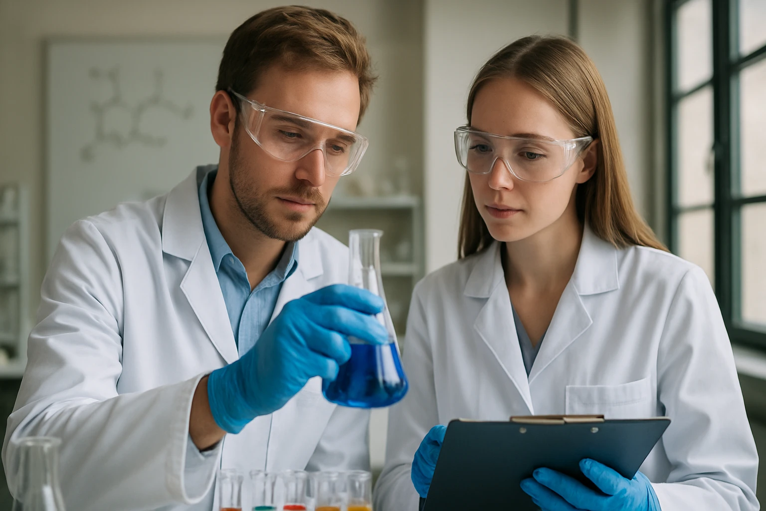 Két tudós szolvátációval kapcsolatos kísérletet végez a laborban