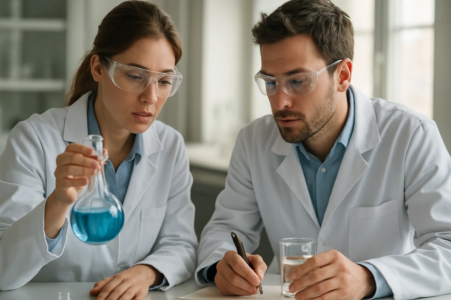 Két kutató laboratóriumban, szorbinsavakkal kapcsolatos kísérletezés közben