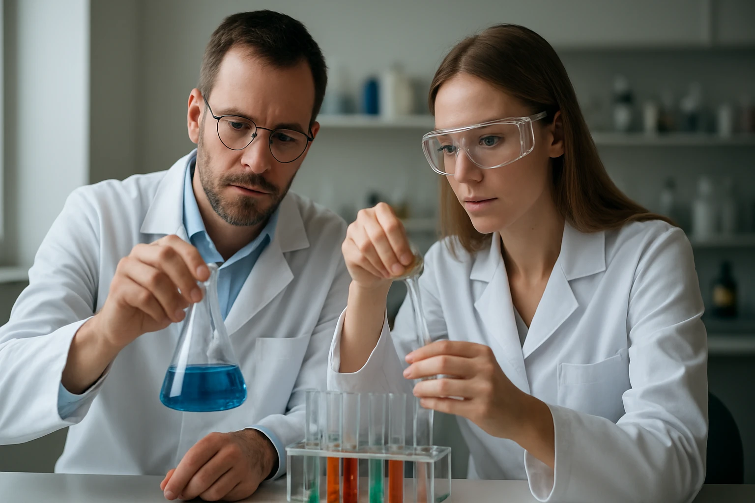 Két kutató laboratóriumi kísérletezést végez a szorbitán-monolauráttal.