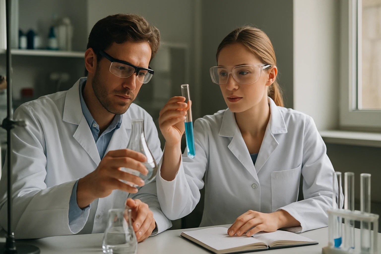 Két fiatal tudós kémiai kísérletek közben, laboratóriumban.