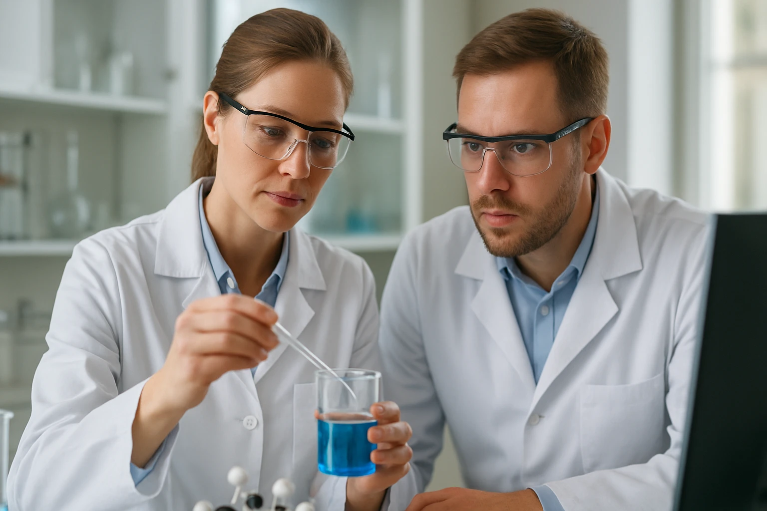 Két kutató laboratóriumban szorbitán-trisztearátot vizsgálva.