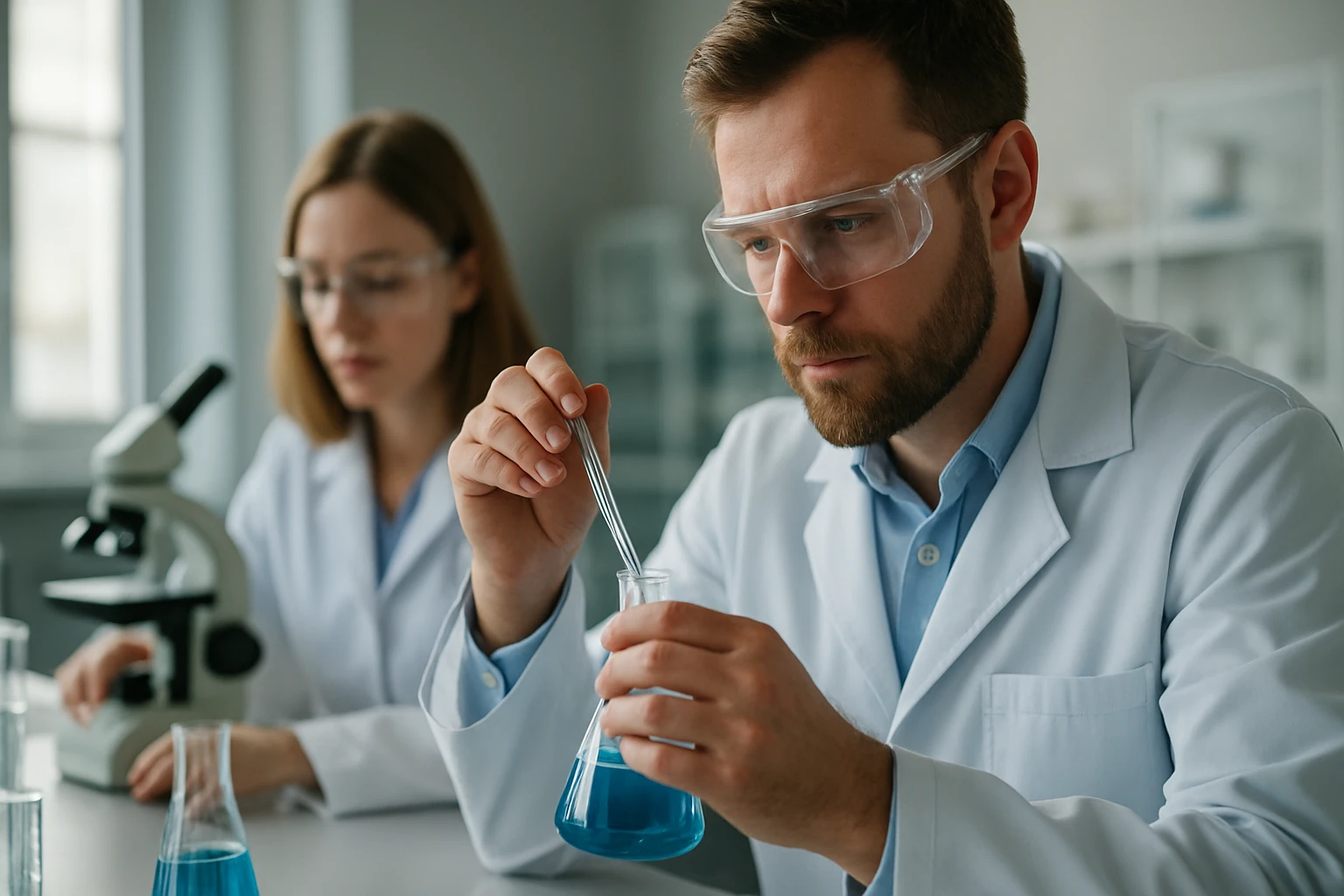 Két tudós kémiai kísérletet végez laboratóriumban.