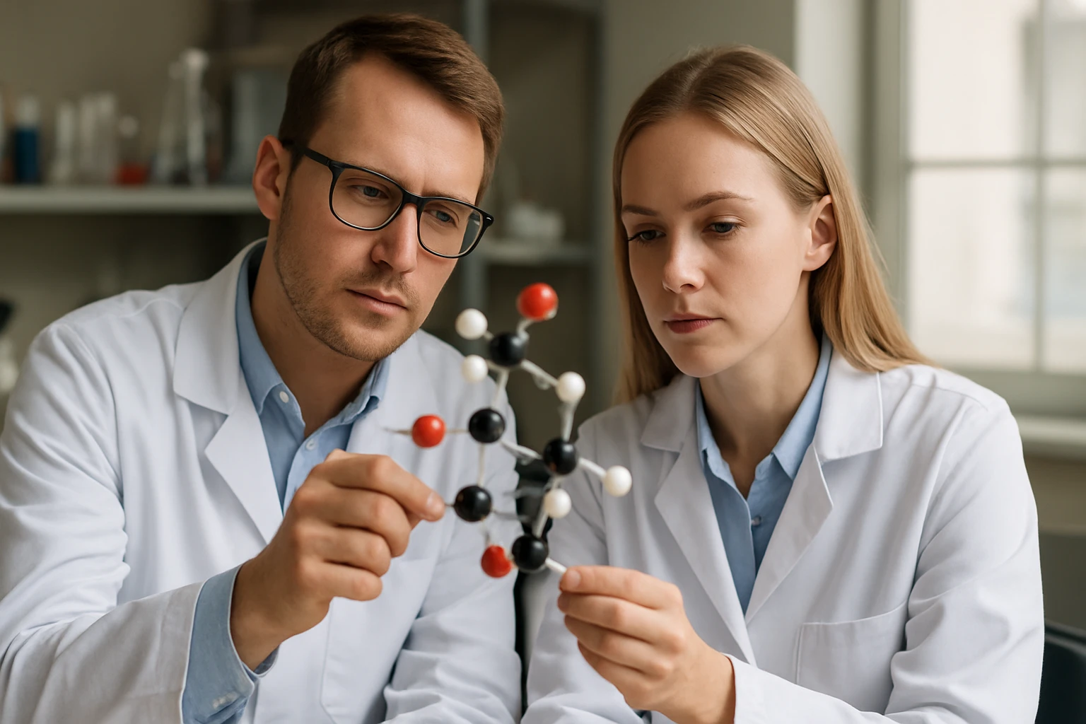 A sztibin képlete, jellemzői és kockázatai Két vegyész műanyag molekulamodellek vizsgálata laboratóriumban.