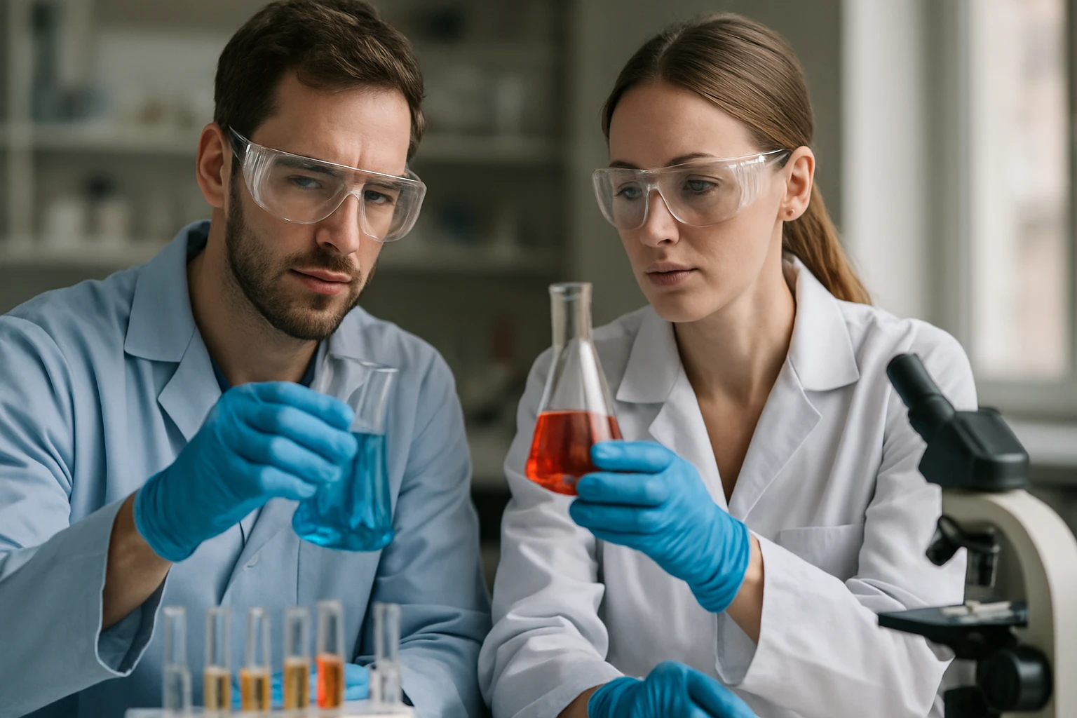 Két kémikus laboratóriumban, különböző vegyületeket vizsgálnak.