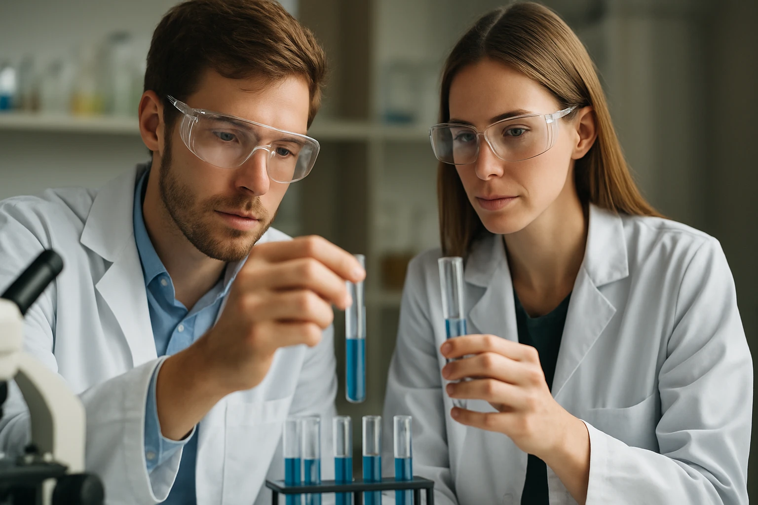 Két kutató laboratóriumban kémiai reakciót vizsgál.