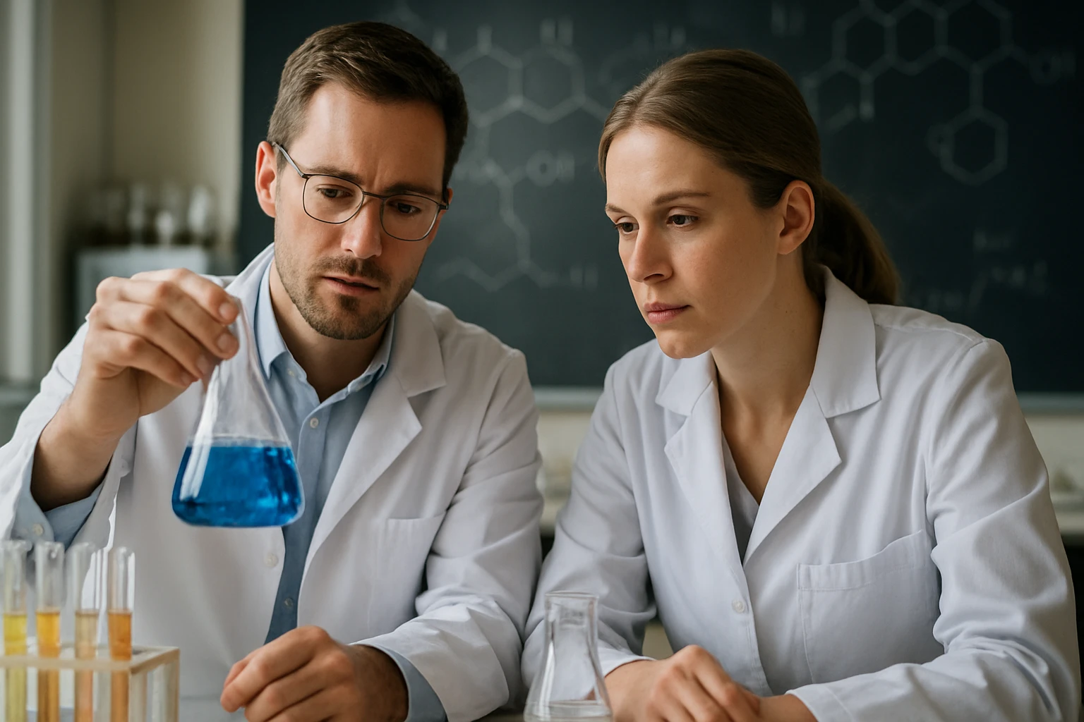 Két vegyész és kémiai kísérletek laboratóriumban