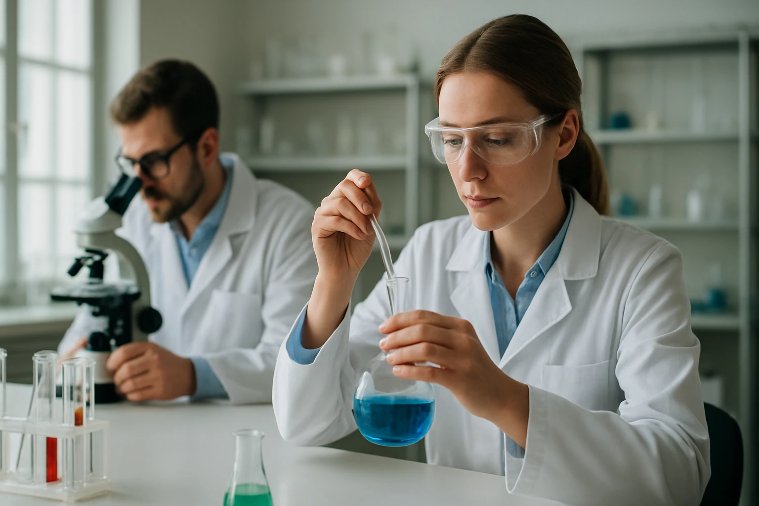 Két laboratóriumi szakember kémiai kísérlet közben