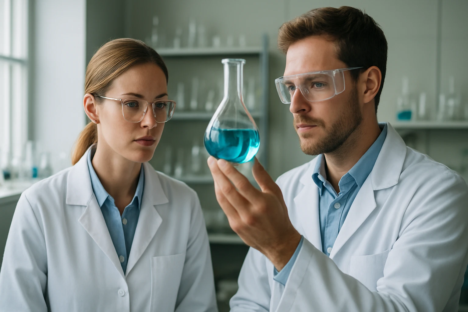 Két kutató laboratóriumban szulfinsavról készült oldatot vizsgál.