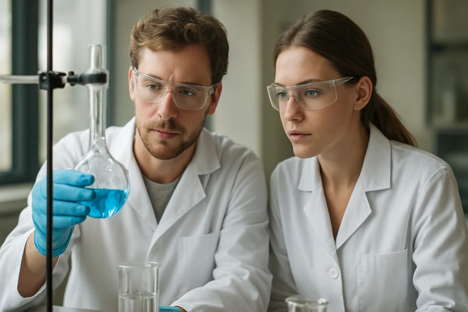 Laboratóriumi kémikusok a szulfuril-klorid vizsgálatán