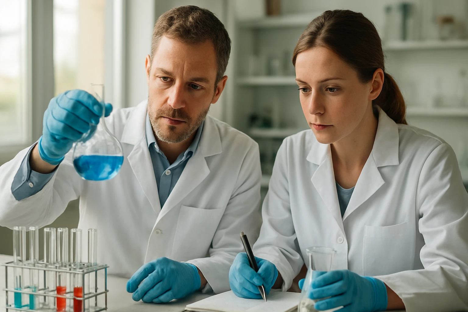 Szurok: Tulajdonságok, Előállítási Módszerek és Felhasználási Lehetőségek Két kutató laboratóriumban, szurok kémiai vizsgálat közben.