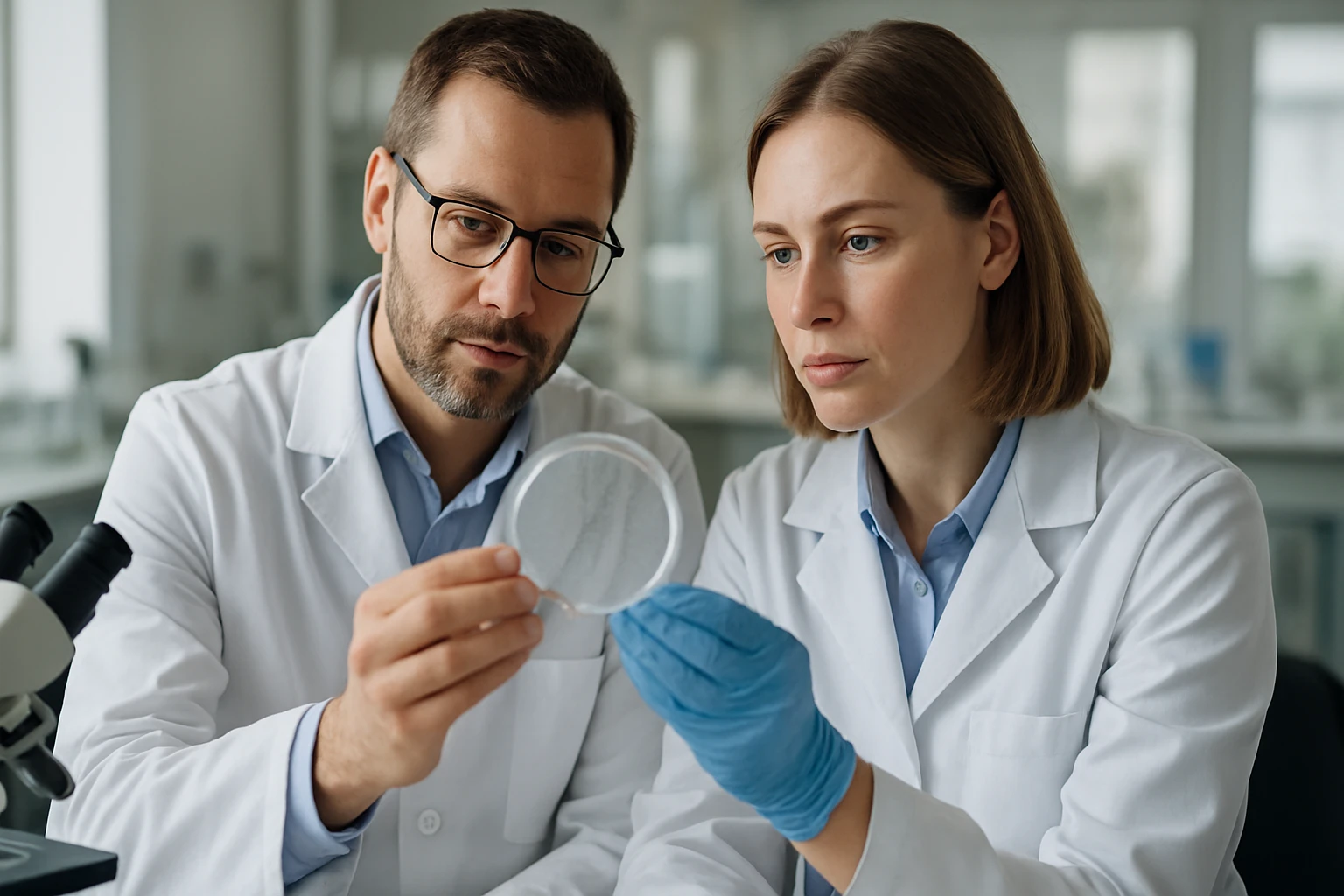 Két kutató tapadásgátló anyagot vizsgál laborkörnyezetben.